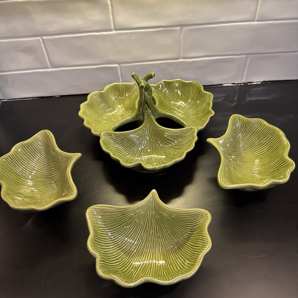 Studio JCP Home  Gingko Leaf Shaped Serving Dish &‎ Bowls Green Set Of 4 Vintage